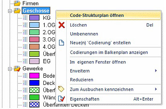Bild 1: Neue Strukturelemente bzw. Codierungen anlegen sowie Anzeigen des Code-Strukturplans per Mausklick 